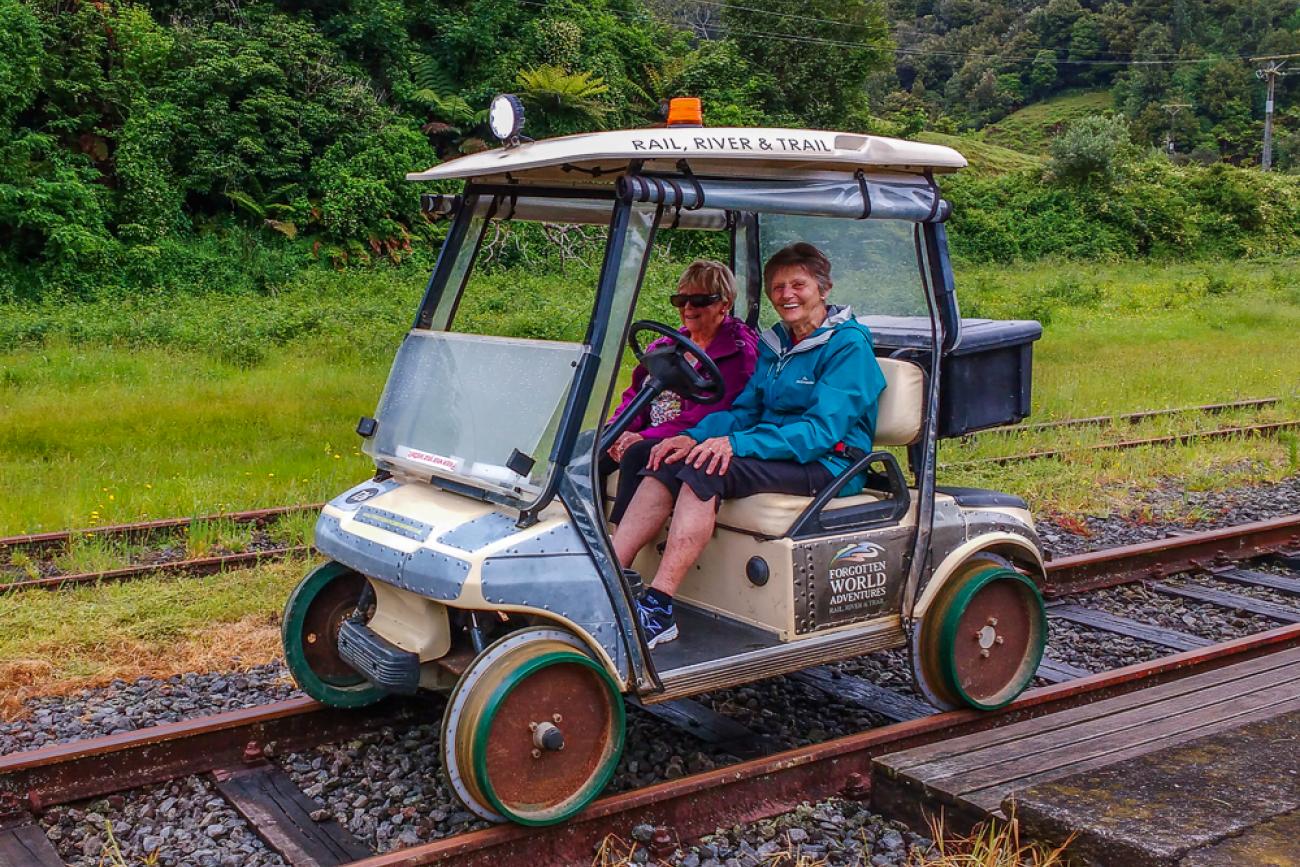 MoaTours guests on the Forgotten World Rail Carts