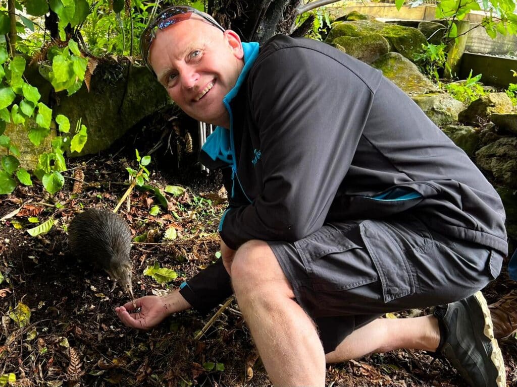 Kiwi Guide Brian with Sparky the Kiwi at Native Bird Recovery Centre